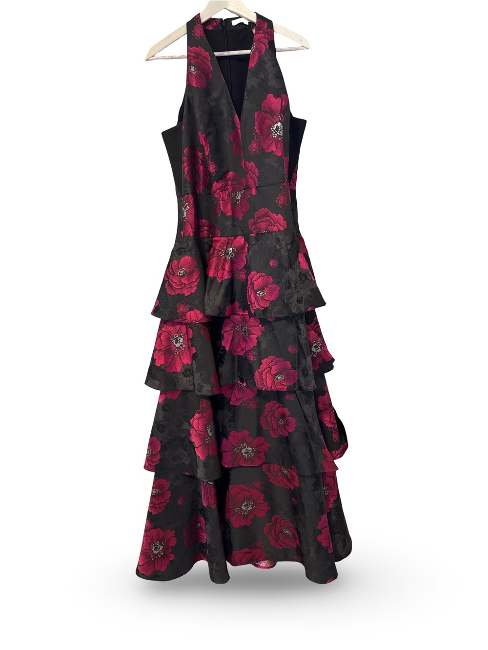 Black & Fuchsia Floral Tiered V-Neck Evening Dress